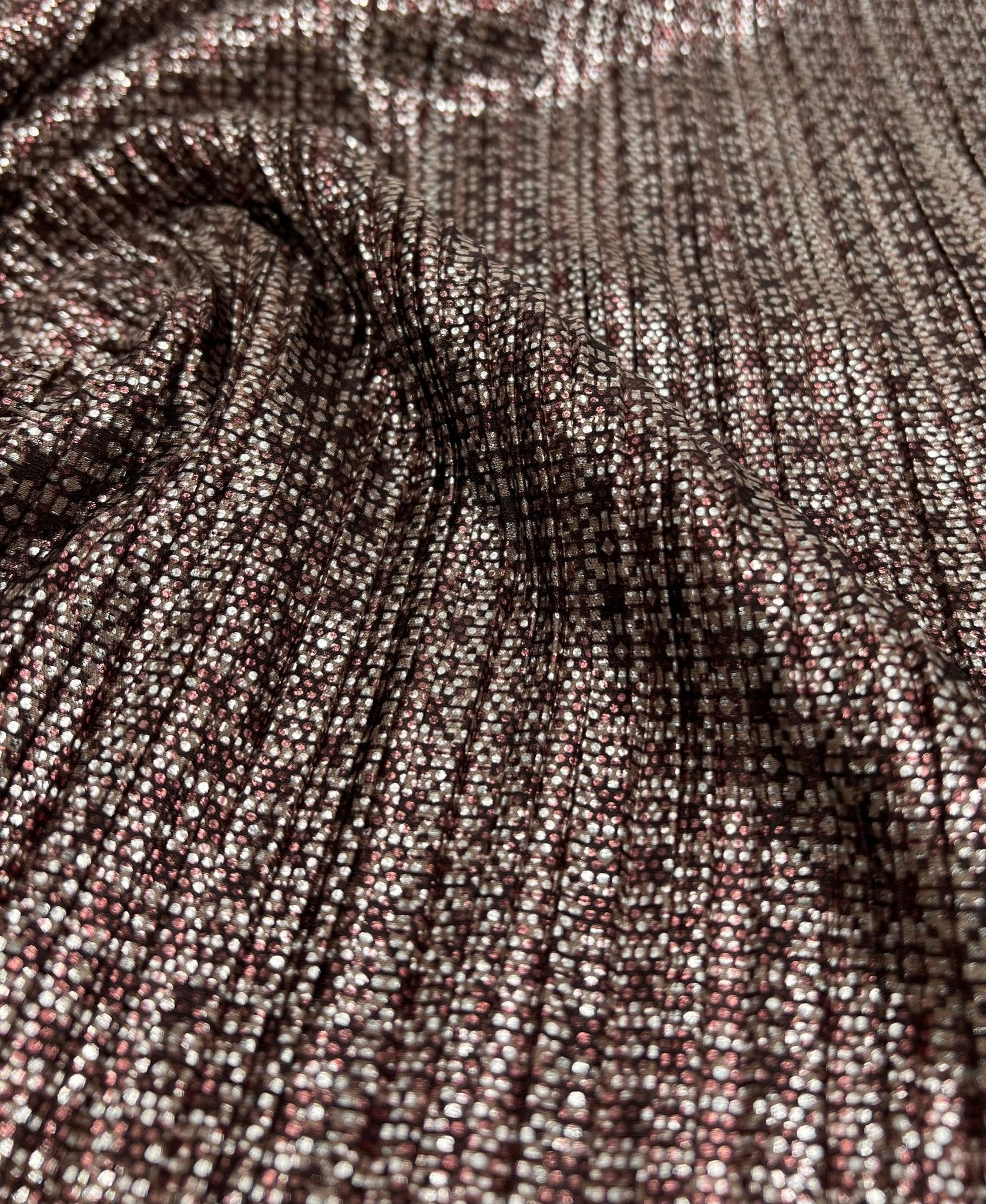 Bronze Silver Metallic Foil Shiny Plisse Pleated Stretch Fabric - T9 Fabrics